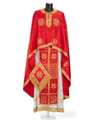red Greek-style priest vestment from decorative fabric with medallion