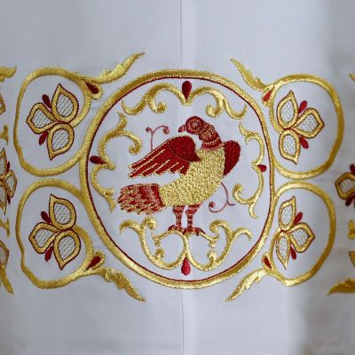 white light priest stichation with embroidered birds