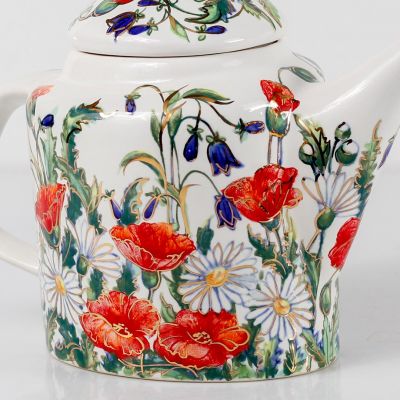 handmade ceramic teapot with poppies and chamomiles and bluebells