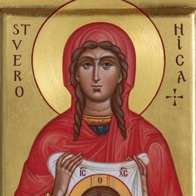 St Veronica holding the veil with Christ Not-Made-By-Hands hand-painted icon 