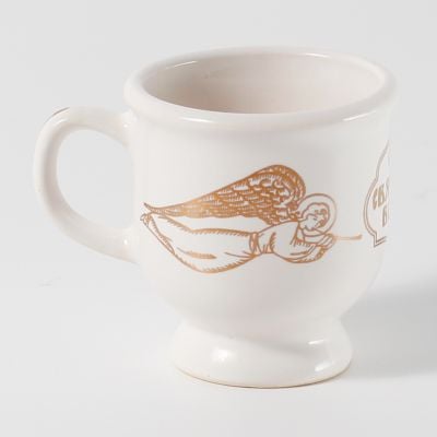 handmade ceramic cup with gold angels and Holy water inscription
