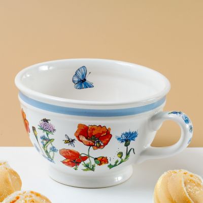 ceramic mug with flowers poppies and bees and butterflies