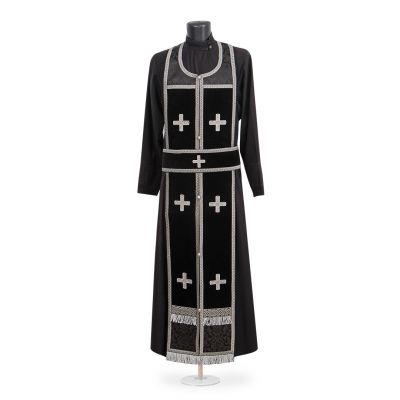Black velvet and decorative Russian-style priest vestment with crosses and Golgotha
