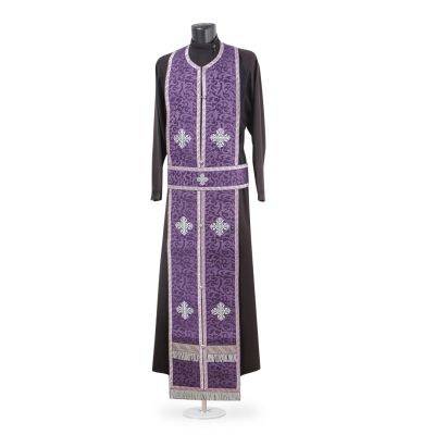 purple and silver Greek style vestment with embroidered grapes and lilies and crosses