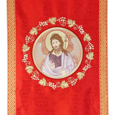 red silk analogion cover with sewn icon of the John the Baptist and grapes embroidery