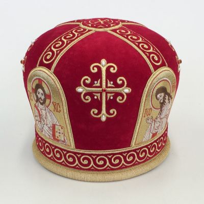 handmade mitre with embroidered pearls and stones and sewn icons