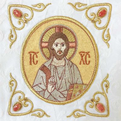 handmade white Epistle bookmark with sewn icon of Jesus and stones with tassels