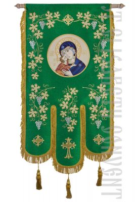 Orthodox liturgical banner with an embroidered icon of theotokos