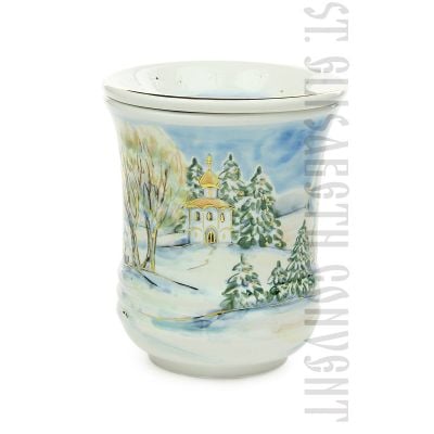 Handmade Ceramic Lid Mug with winter scenery and titmouse