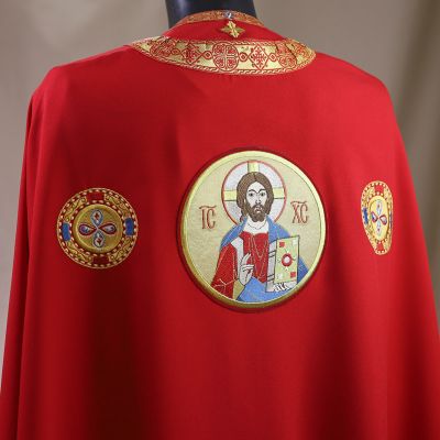 red greek-style priest vestment with nika embroidery