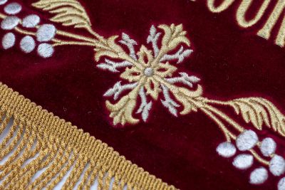 Dark burgundy shroud with embroidered troparion and grapes