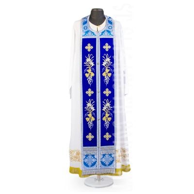 blue velvet russian-style vestment for clergy with embroidered grapes