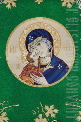 Orthodox liturgical banner with an embroidered icon of theotokos