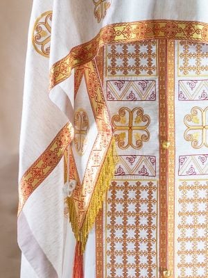 white viscose rayon Greek style vestment with medallion