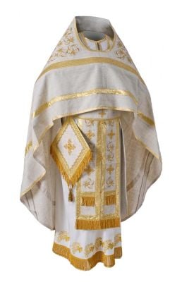 white linen priest vestment with lilies embroidery