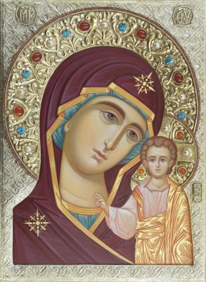 handpainted icon of our Lady with metal oklad