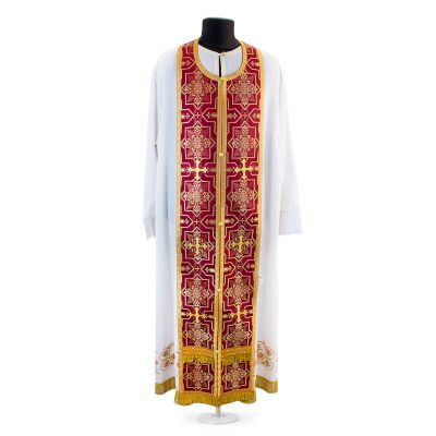 burgundy silk priest vestment with galloons and sewn crosses