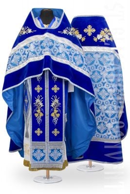 blue velvet russian-style vestment for clergy with embroidered grapes