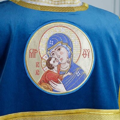 blue velvet deacon vestment with embroidery