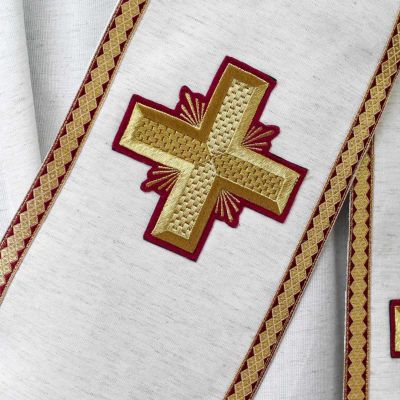 White protodeacon vestment with cross embroidery all over the orarion
