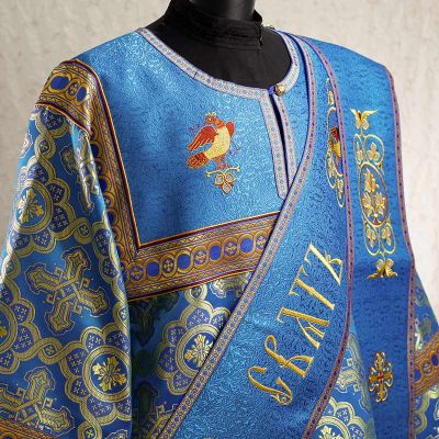 blue protodeacon vestment with birds and crosses