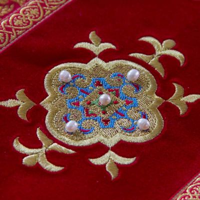 red brocade and velvet protodeacon vestment with embroidery and pearls