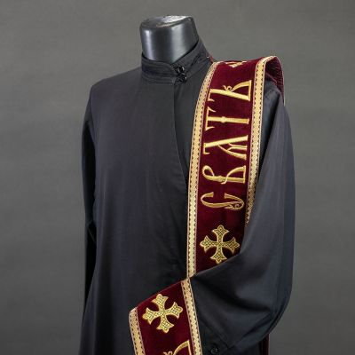 Burgundy Velvet Deacon Orarion with Holy Embroidery