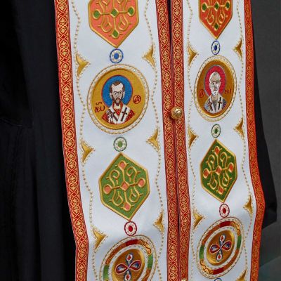 Priest Epitrachelion with medallions of saints and patterns and fringe