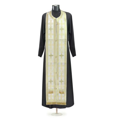 White/gold Greek-style priest vestment with sewn Medallion of Spyridon of Tremithus