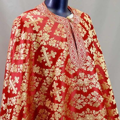 Red paschal Greek-style priest vestment with medallion on the back