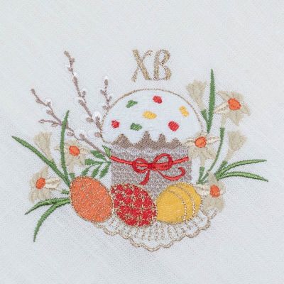 Easter white linen napkin with embroidered flowers eggs and Kulich