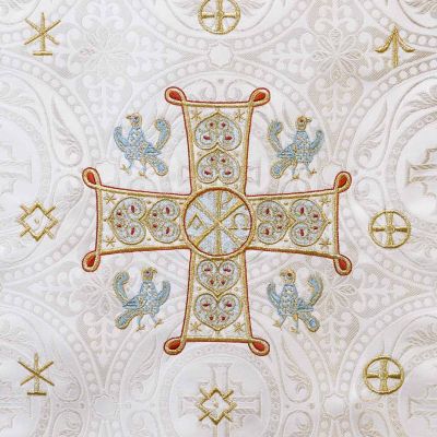 White analogion cover with Cross embroidery and birds