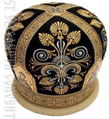 green velvet mitre with embroidery and galoon and blackened icons