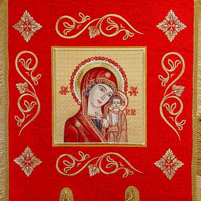 red silk khorugv with embroidered icon of the Mother of God
