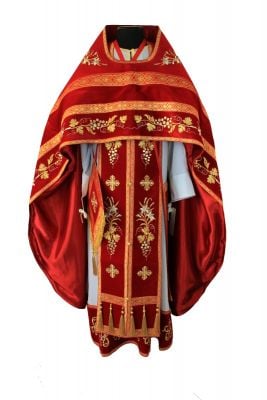 red Velvet Russian-style priest vestment with lilies embroidery