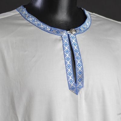 White sateen priest sticharion with embroidey and galloon