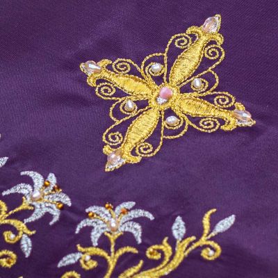 purple bookmark with embroidered cross and lilies with handmade tassels