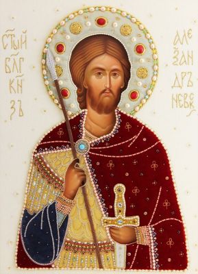 Handpainted Icon of St Alexander Nevsky in an oklad (riza)