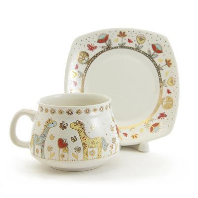 ceramic cup and a saucer set with horses