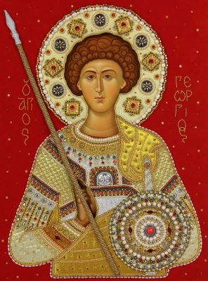 handpainted icon of Holy Martyr Saint George the Victory-Bearer in velvet oklad