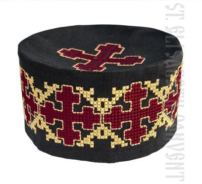 black Serbian skufia with red-and-yellow color embroidery 