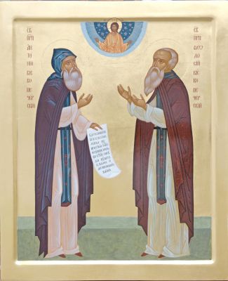 handpainted icon of Sts. Anthony and Theodosius, Founders of the Kiev Caves 