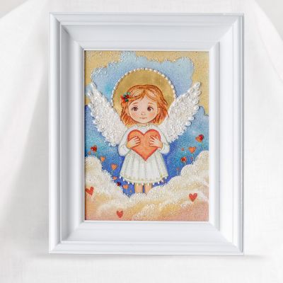 Handmade picture on marble base angel with a heart