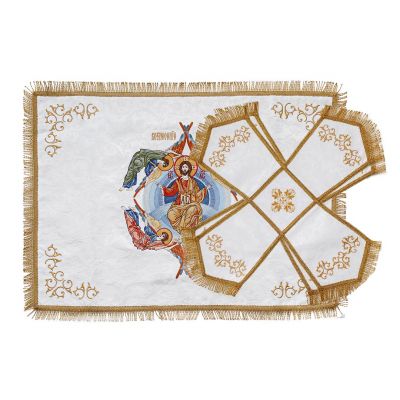 White decorative chalice covers and veil with embroidered Ascension of the Lord icon