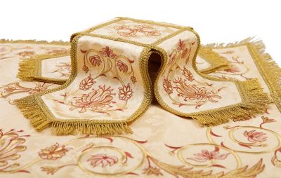 white chalice covers with fern embroidery