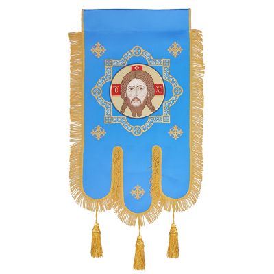 blue church processional banner with Christ icon