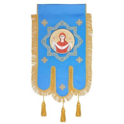 blue church processional banner with Christ icon