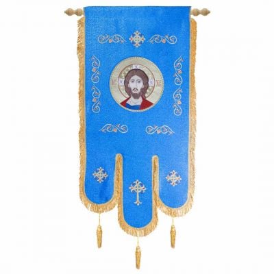 blue silk church khorugv with Christ icon