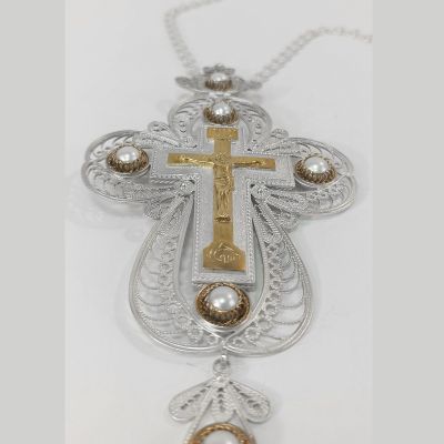 Filigree Pectoral Cross with pearls covered with silver and gold