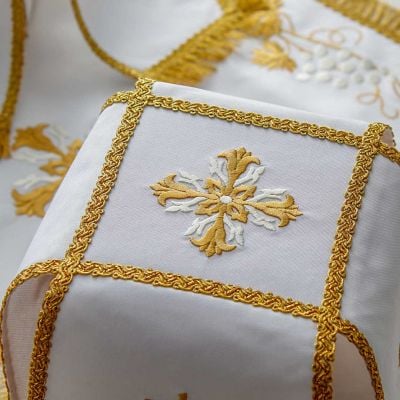 white gabardine chalice covers with embroidery